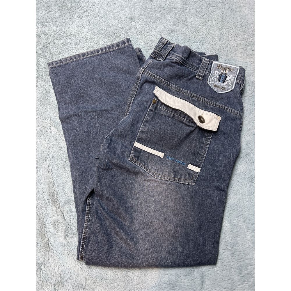 Raider Jeans Ar48 Mens 40x34 Baggy Wide Leg Embroidered Denim Blue Grunge Y2K